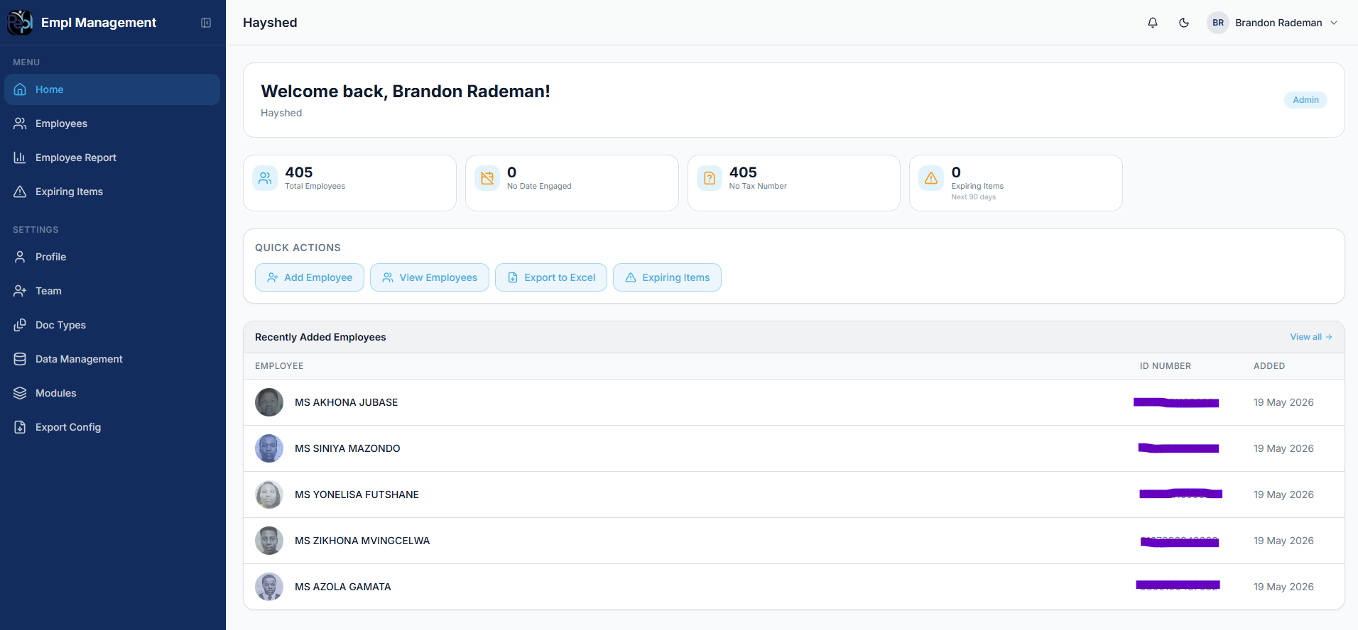 Pepl employee management dashboard showing staff totals, quick actions, and recently added employees.