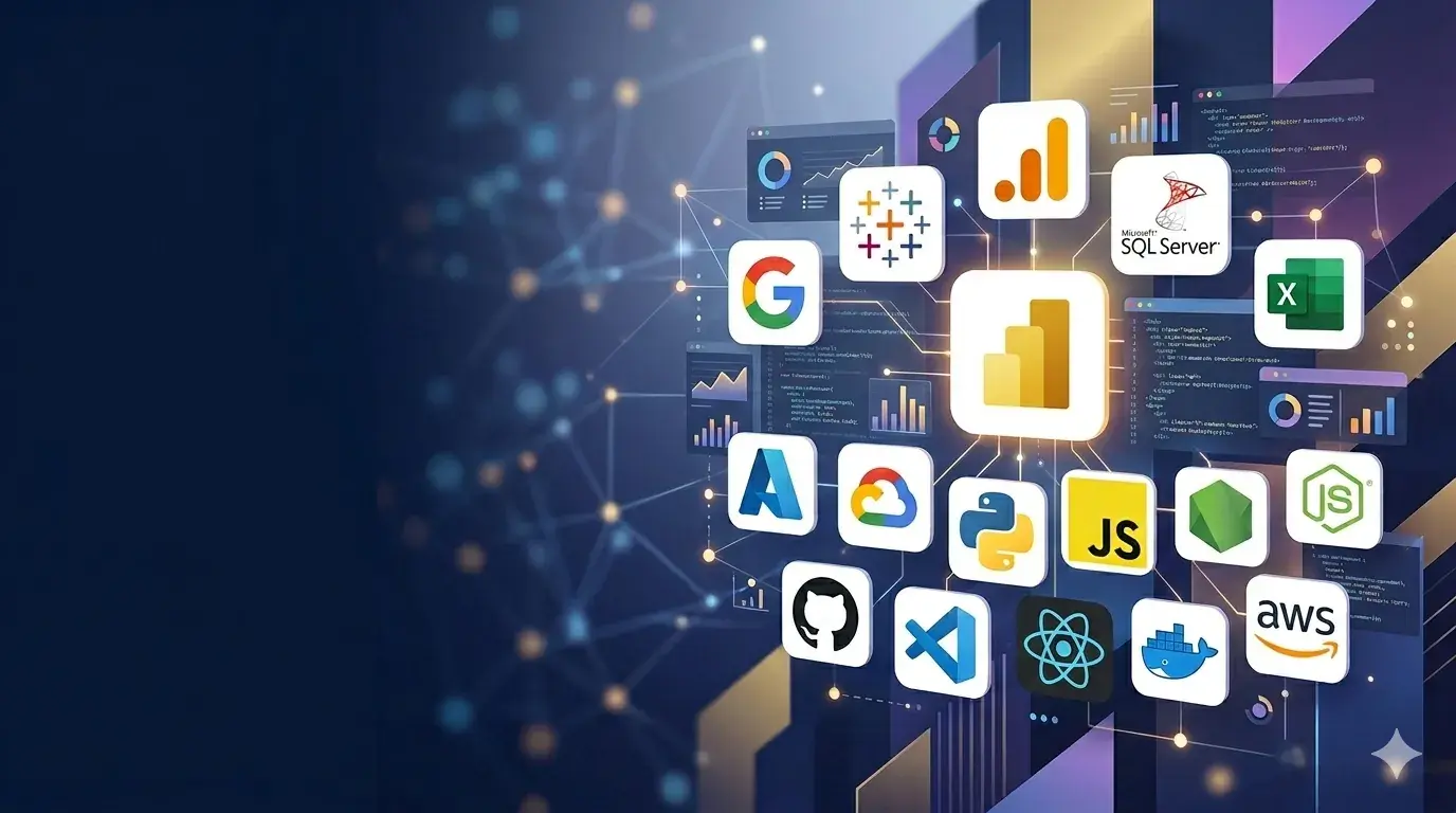 The tools BI Analytics builds with — including Power BI, SQL Server, Azure, AWS, Google Analytics, React and Node — over a data-network background.